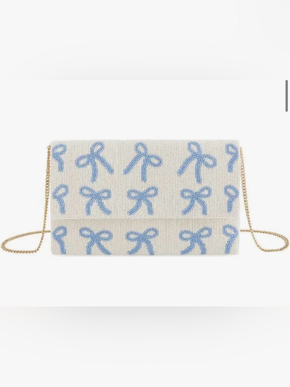 Shiraleah White Beaded Clutch with Light Blue Bow Motif